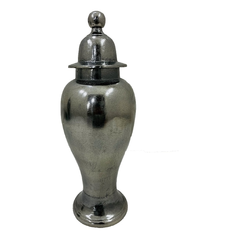Anila Traditional Temple Jar with Dome Lid- Black Chrome Metal 17 Inch