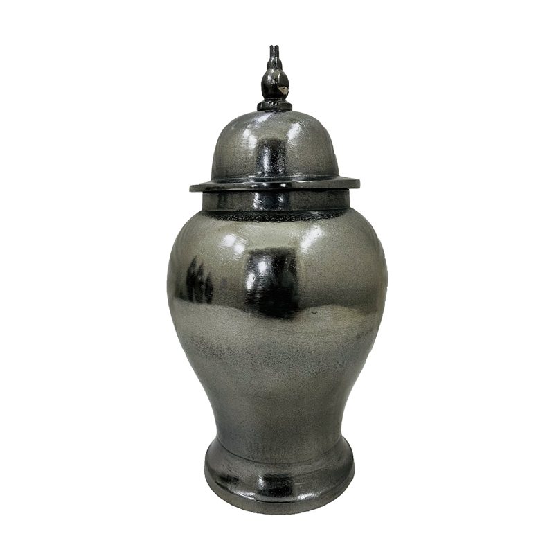 Anila Traditional Temple Jar with Dome Lid- Black Chrome Metal 21 Inch