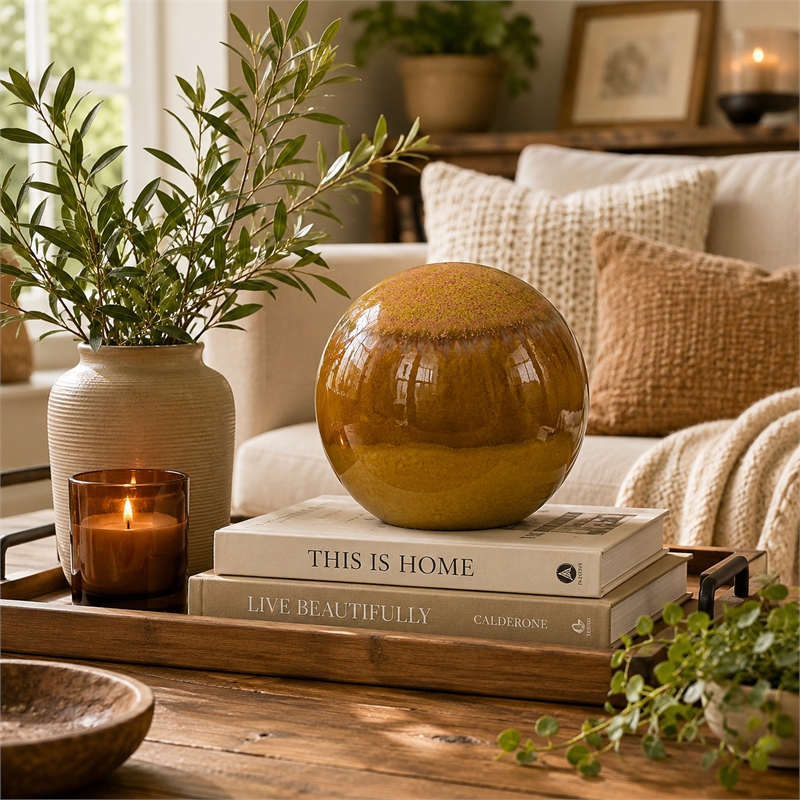 Nash Decorative Orb with Glossy Mustard Yellow Finish- Ceramic 8 Inch