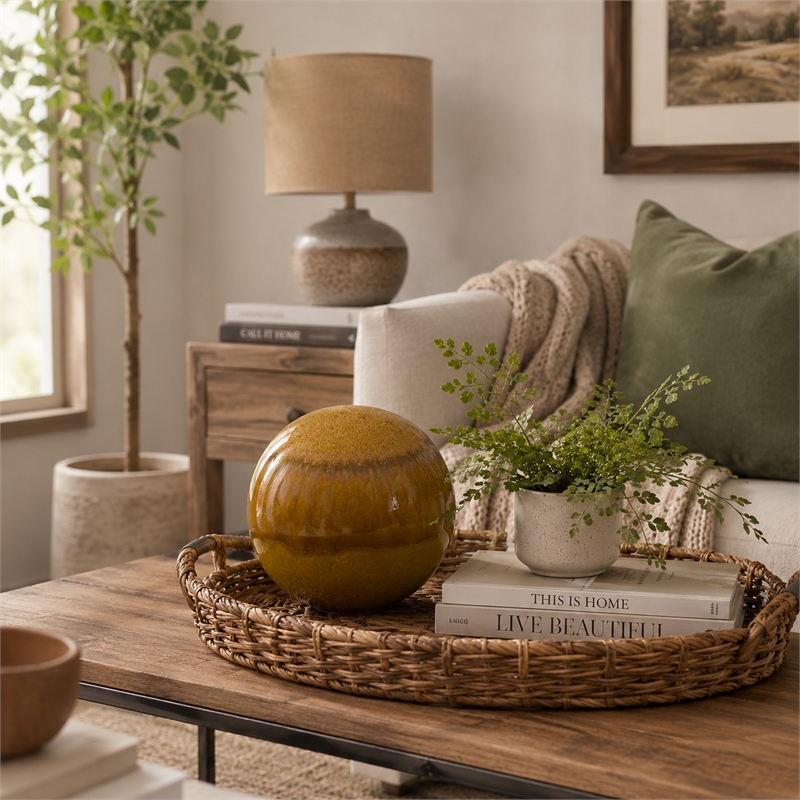 Nash Decorative Orb with Glossy Mustard Yellow Finish- Ceramic 8 Inch