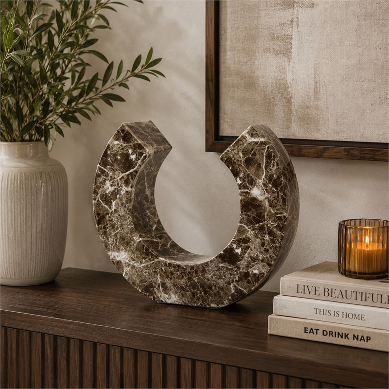 Tabletop Decor Accent- Open-Curved Frame- Brown Marble-Like Resin 14 Inch
