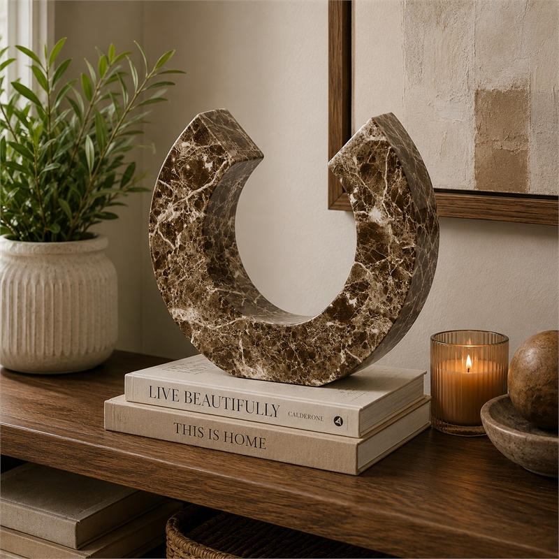 Tabletop Decor Accent- Open-Curved Frame- Brown Marble-Like Resin 14 Inch