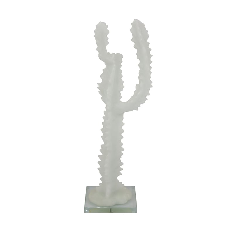 Erica Decorative Cactus Sculpture on Glass Base- White Resin 18 Inch