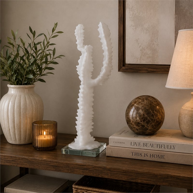 Erica Decorative Cactus Sculpture on Glass Base- White Resin 18 Inch