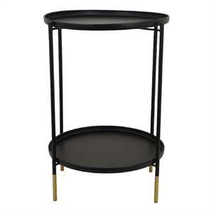 Two-Tier Round Side Table with Tray Shelves Accent- Black Metal 24 Inch