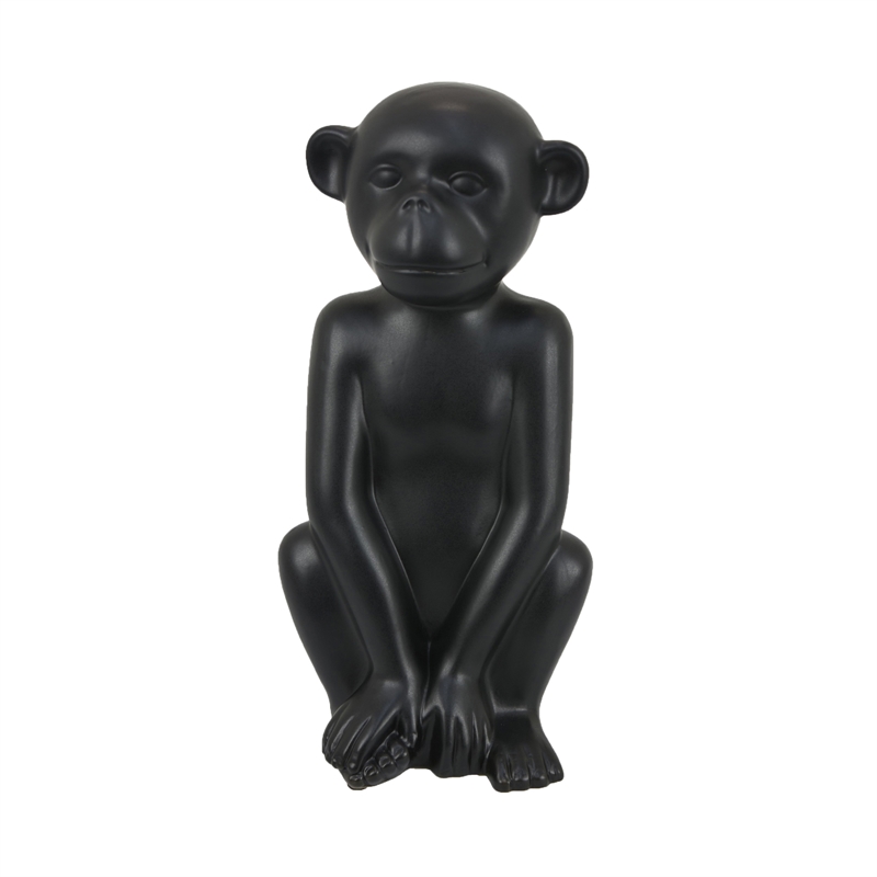 Decorative Monkey Sculpture in Seated Pose- Matte Black Ceramic 12 Inch