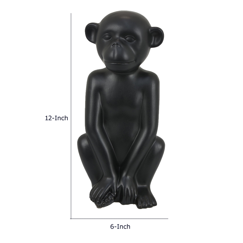 Decorative Monkey Sculpture in Seated Pose- Matte Black Ceramic 12 Inch