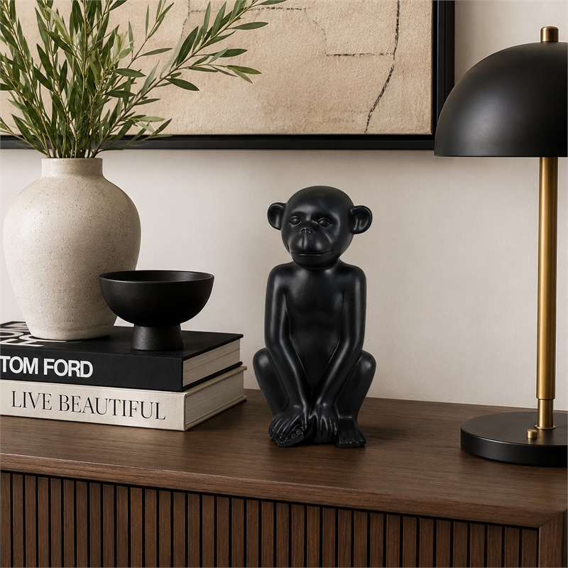 Decorative Monkey Sculpture in Seated Pose- Matte Black Ceramic 12 Inch