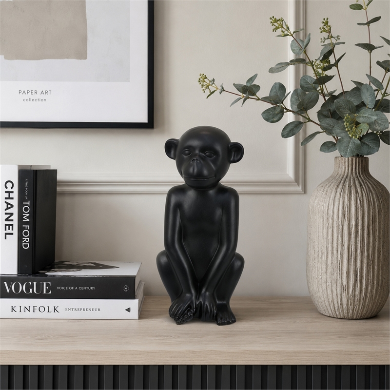 Decorative Monkey Sculpture in Seated Pose- Matte Black Ceramic 12 Inch
