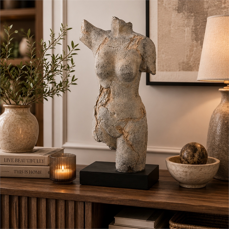 Ricky Female Torso Sculpture- Black Base- Distress Gray Resin 17 Inch