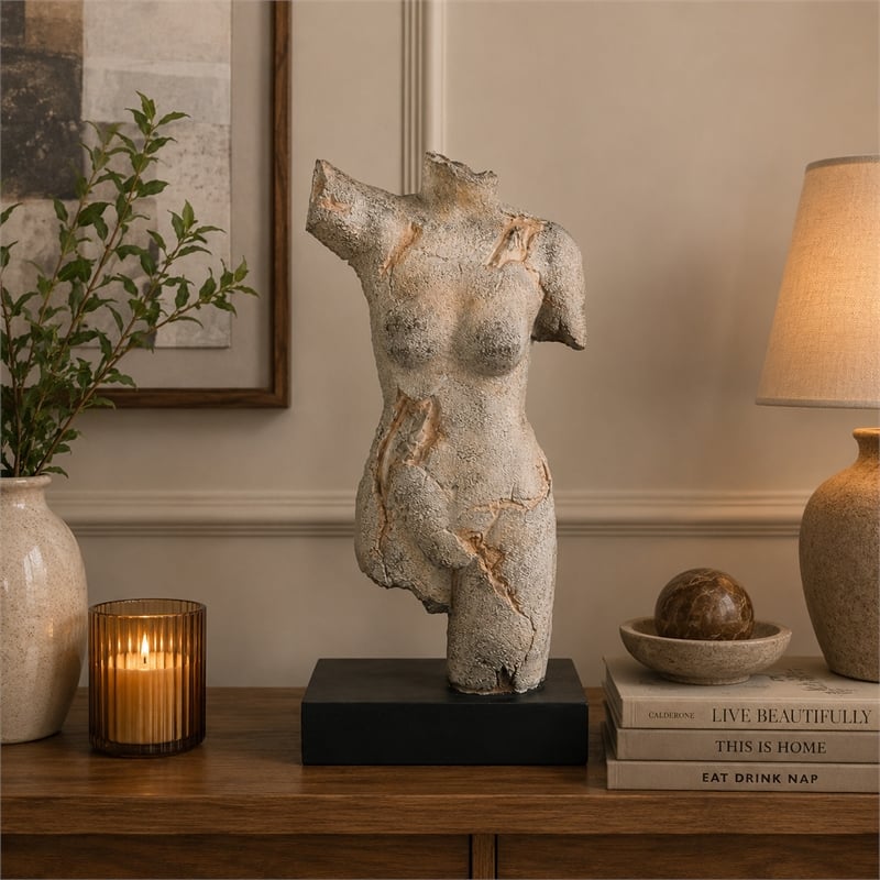 Ricky Female Torso Sculpture- Black Base- Distress Gray Resin 17 Inch