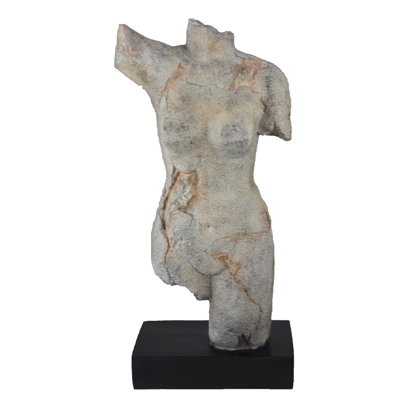 Ricky Female Torso Sculpture- Black Base- Distress Gray Resin 17 Inch