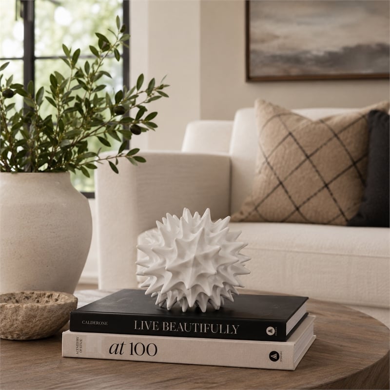 Saima Decorative Orb Sculpture with Spiked Patterns- White Resin 9 Inch