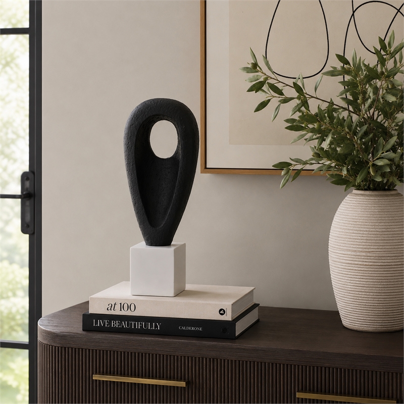 Decorative Tabletop Accent- White Marble Base- Black Teardrop- 18 Inch