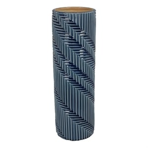Decorative Flower Vase- Textured Herringbone- Blue Ceramic- 20 Inch