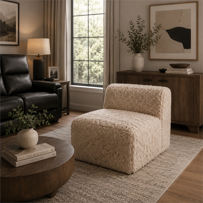 Appi Modular Armless Chair- Compressed Foam Fill Sand Beige Faux Fur