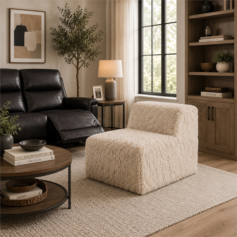 Appi Modular Armless Chair- Compressed Foam Fill Sand Beige Faux Fur