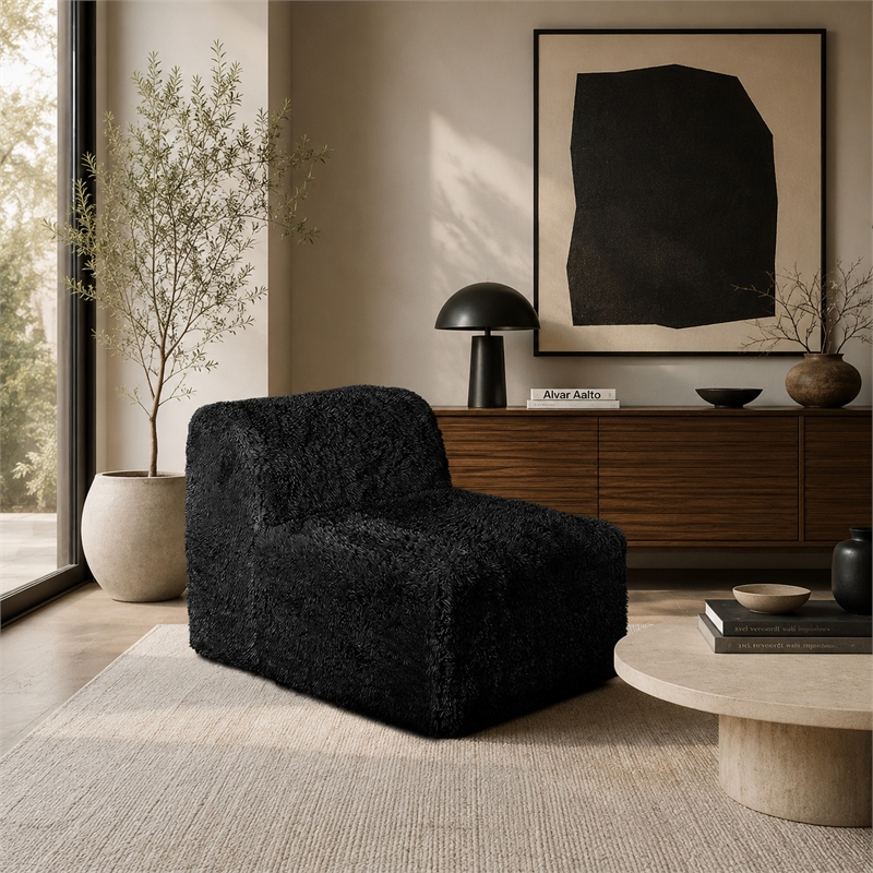 Appi Modular Armless Chair- Compressed Foam Fill Black Shaggy Faux Fur