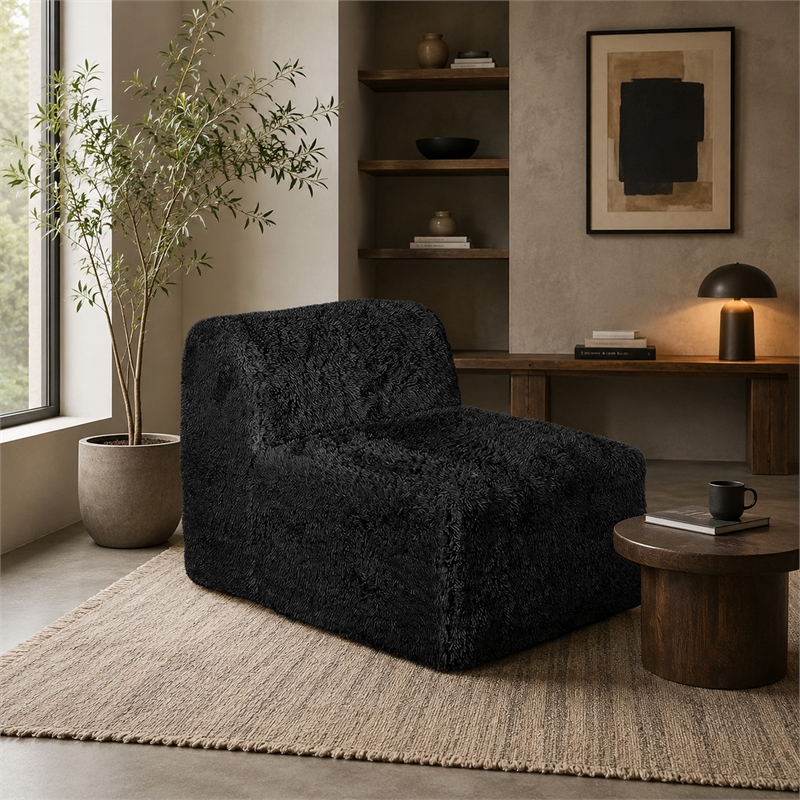 Appi Modular Armless Chair- Compressed Foam Fill Black Shaggy Faux Fur