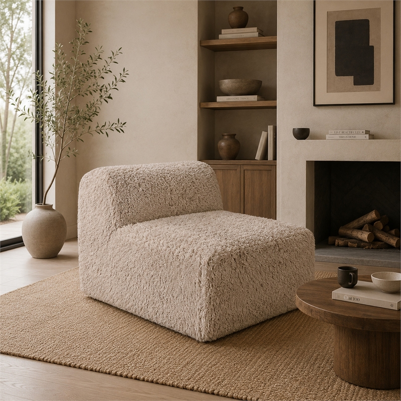 Appi Modular Armless Chair- Compressed Foam Fill Taupe Brown Faux Fur