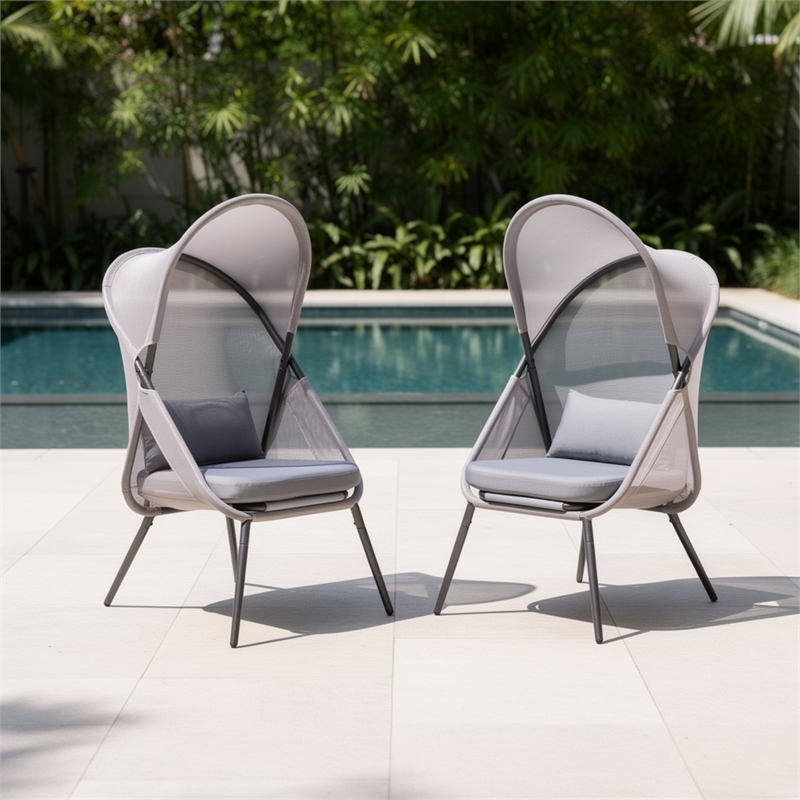 Foldable Mesh Lounge Chair- Set of 2- Gray Cushion- Black Metal