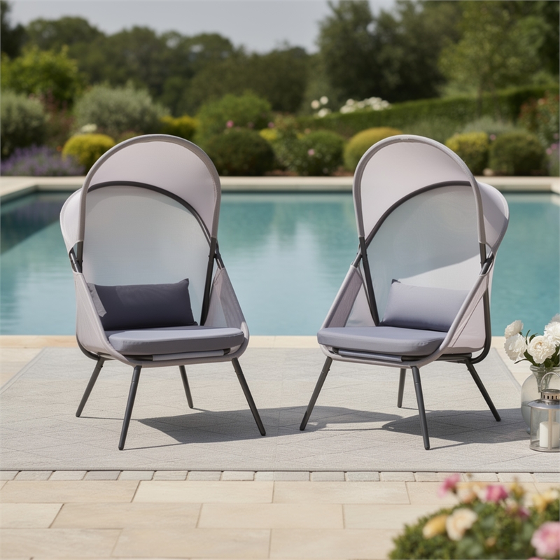 Foldable Mesh Lounge Chair- Set of 2- Gray Cushion- Black Metal
