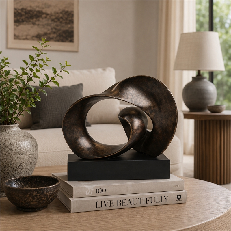 Tabletop Decor - Abstract Loop Sculpture - Plinth Base Bronze Black-11 Inch