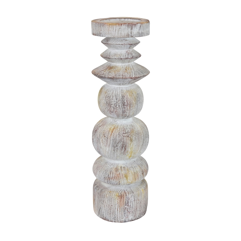Tabletop Decor Candle Holder - Sculpted Turned Whitewash Resin-18 Inch