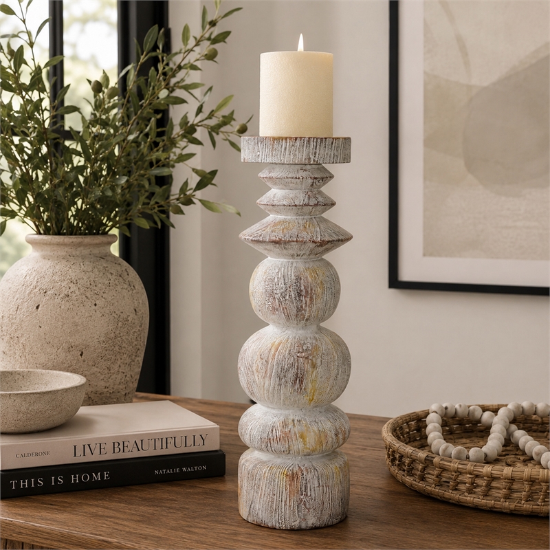 Tabletop Decor Candle Holder - Sculpted Turned Whitewash Resin-18 Inch