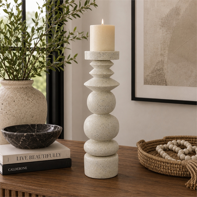 Josi Tabletop Decor Candle Holder- Sculpted Turned White Resin- 18 Inch