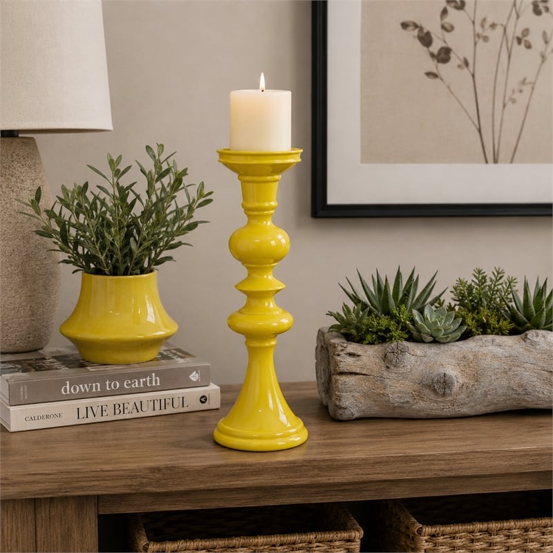 Meo Tabletop Decor Candle Holder- Sculpted Turned Yellow Resin- 18 Inch