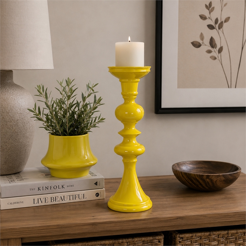 Meo Tabletop Decor Candle Holder- Sculpted Turned Yellow Resin- 18 Inch