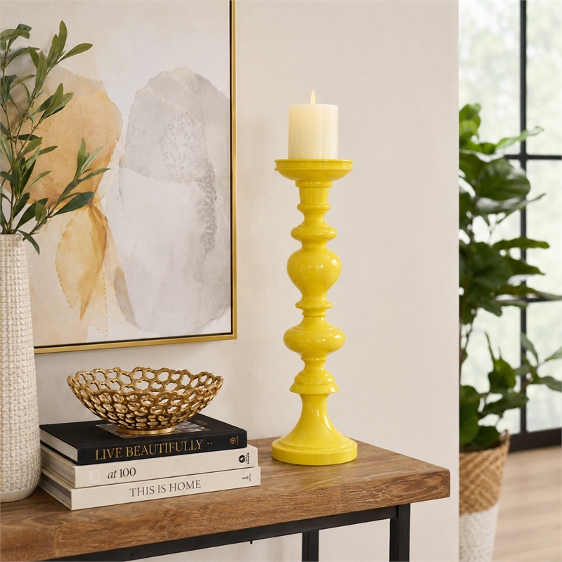 Meo Tabletop Decor Candle Holder- Sculpted Turned Yellow Resin-20 Inch