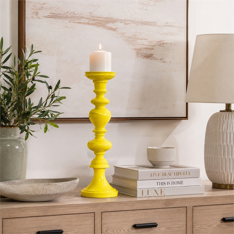 Meo Tabletop Decor Candle Holder- Sculpted Turned Yellow Resin-20 Inch