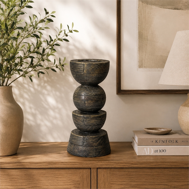 Tabletop Pillar Decor - Stacked Totem Style - Brown Resin - 13 Inch