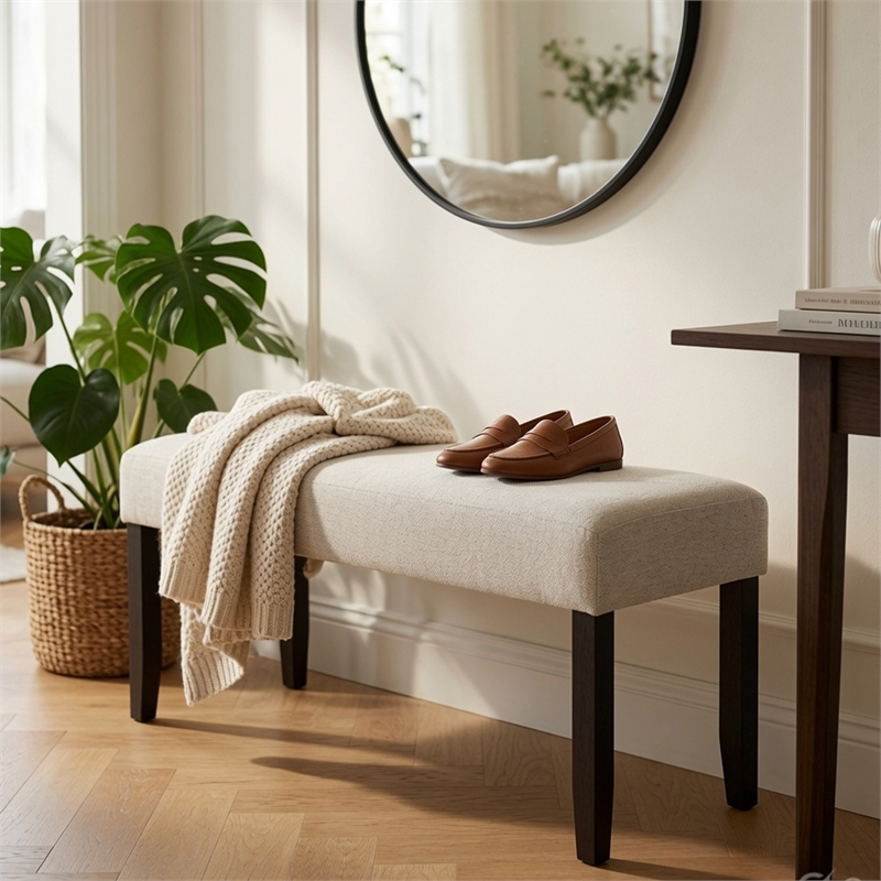 Juli Dining Bench- Gray Fabric Cushion- Wire Brushed Black Wood 41 Inch