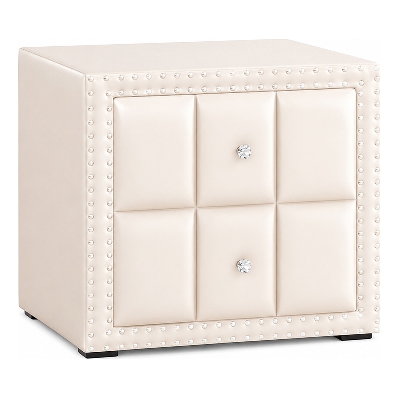 Fysa Nightstand- 2 Drawers- Crystal Knobs- Tufted Beige Upholstery