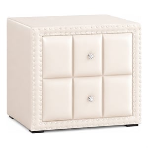 Fysa Nightstand- 2 Drawers- Crystal Knobs- Tufted Beige Upholstery