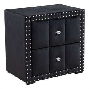Fysa Nightstand- 2 Drawers- Crystal Knobs- Tufted Black Upholstery