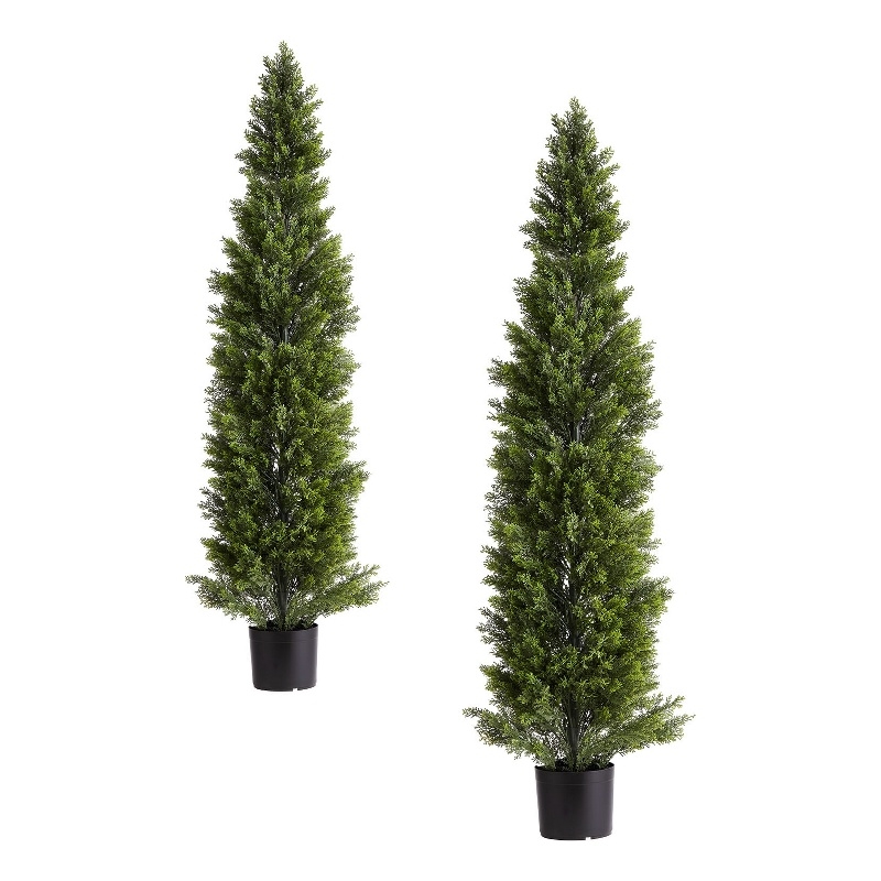 Cedar Pine Topiary Tree- Set of 2- Black Pot- Lifelike Poly Silk 60 Inch