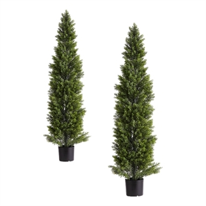 Cedar Pine Topiary Tree- Set of 2- Black Pot- Lifelike Poly Silk 60 Inch