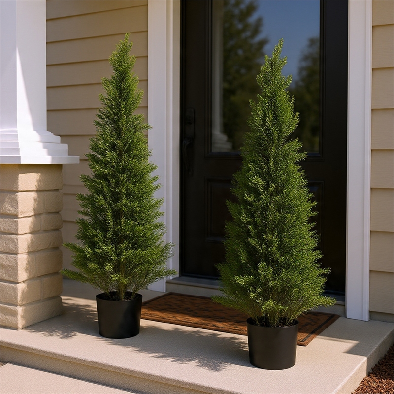 Arya Cedar Topiary Tree- Set of 2- Black Pot- Lifelike Poly Silk 48 Inch