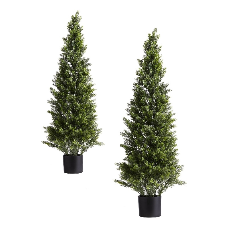 Arya Cedar Topiary Tree- Set of 2- Black Pot- Lifelike Poly Silk 48 Inch