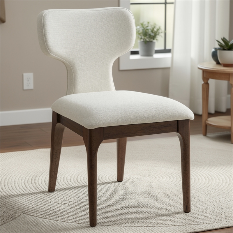 Mopa Side Chair Set of 2- Beige Chenille- Oak Brown Wood Frame- Low Back