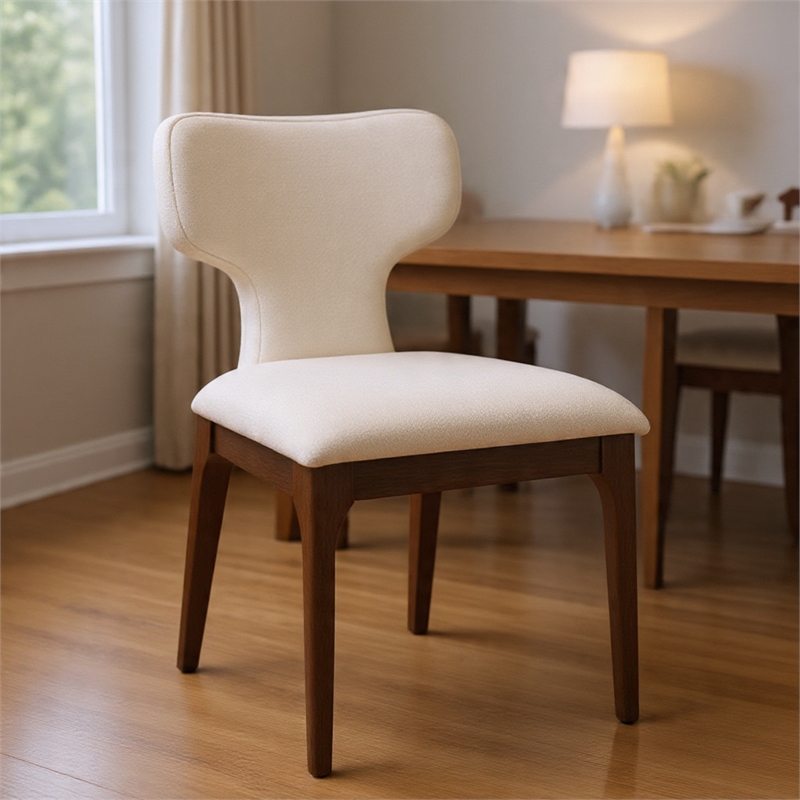 Mopa Side Chair Set of 2- Beige Chenille- Oak Brown Wood Frame- Low Back
