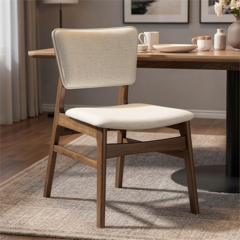 Stan Dining Chair Set of 2- Noble Platinum Beige Fabric- Walnut Brown