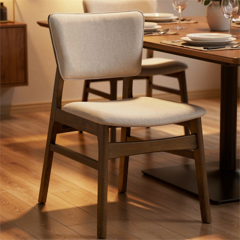 Stan Dining Chair Set of 2- Noble Platinum Beige Fabric- Walnut Brown