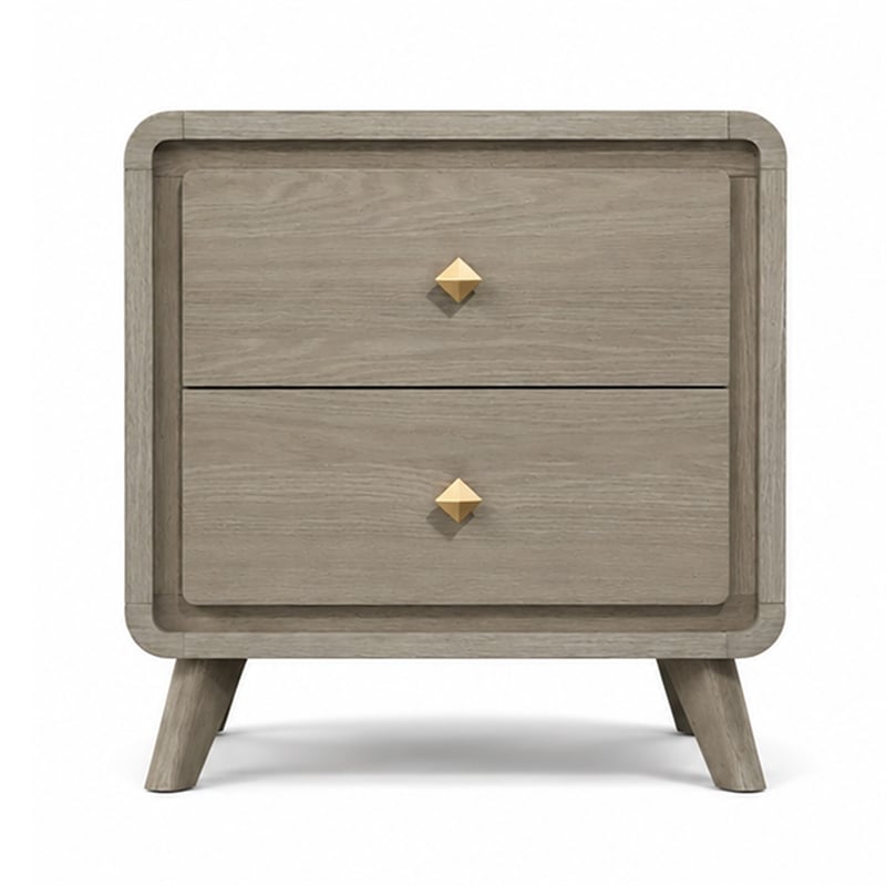 Reny Nightstand- 2 Drawers- Rounded Edges- Gold Knobs- Rustic Gray Wood