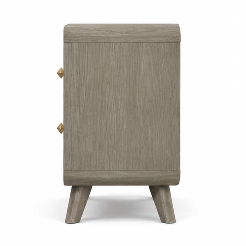 Reny Nightstand- 2 Drawers- Rounded Edges- Gold Knobs- Rustic Gray Wood