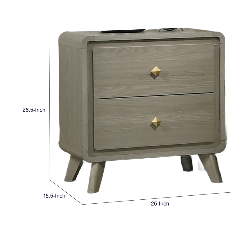 Reny Nightstand- 2 Drawers- Rounded Edges- Gold Knobs- Rustic Gray Wood